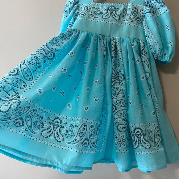 Handmade Children's 100% Cotton Blue Paisley Back Bows Dress - Picture 8 of 14